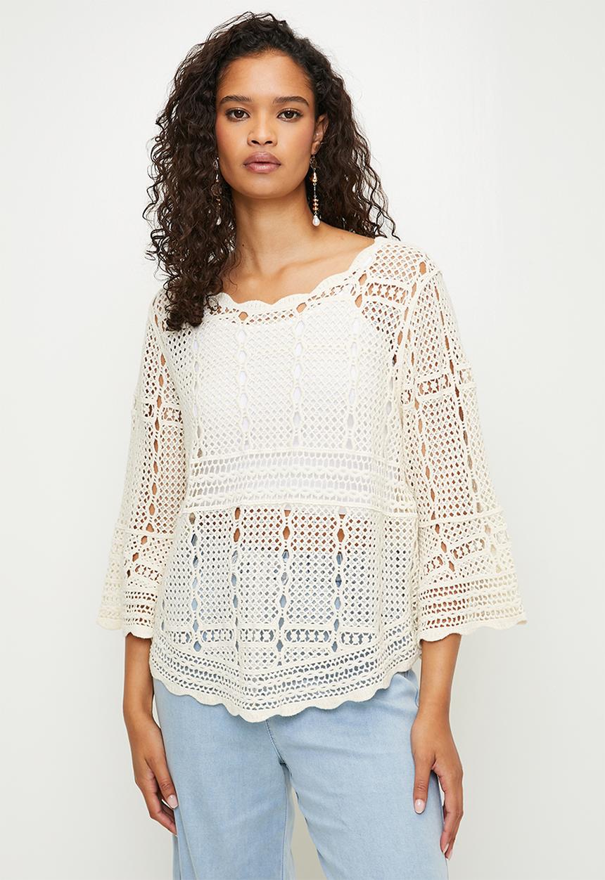 MANDI - Long Sleeve Crochet Top With Bell Sleeve - Beige