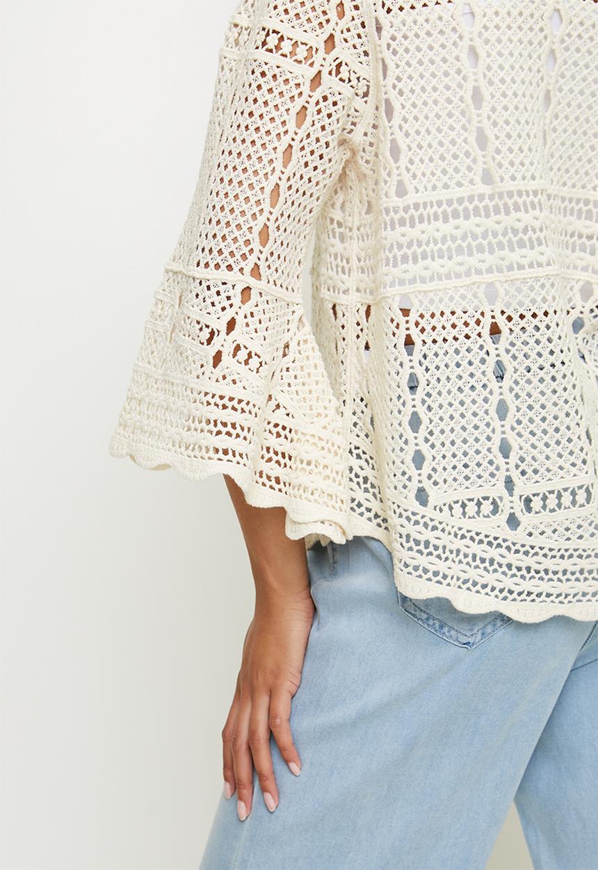 MANDI - Long Sleeve Crochet Top With Bell Sleeve - Beige