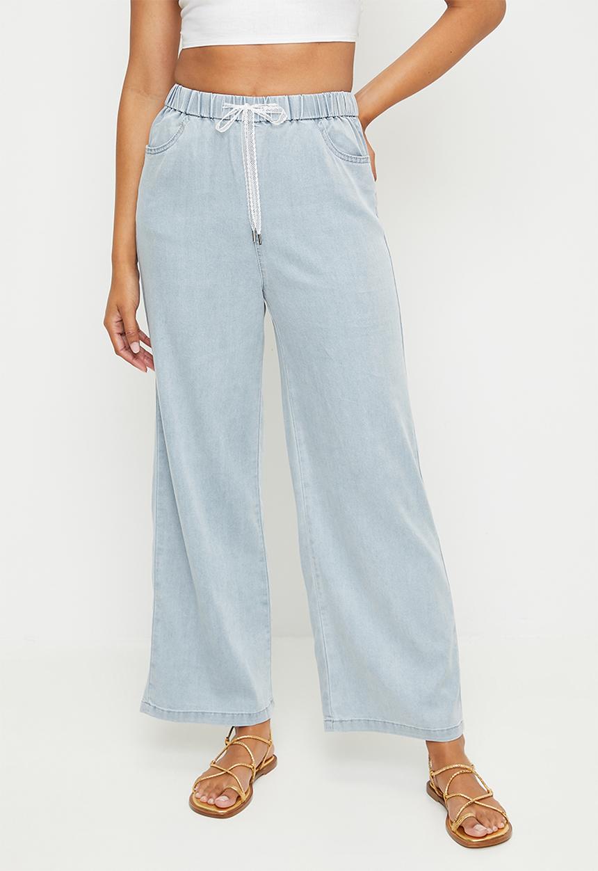 MANDI - High Waist Wide Leg Tencel Pant With Lace Drawcord - Light Wash