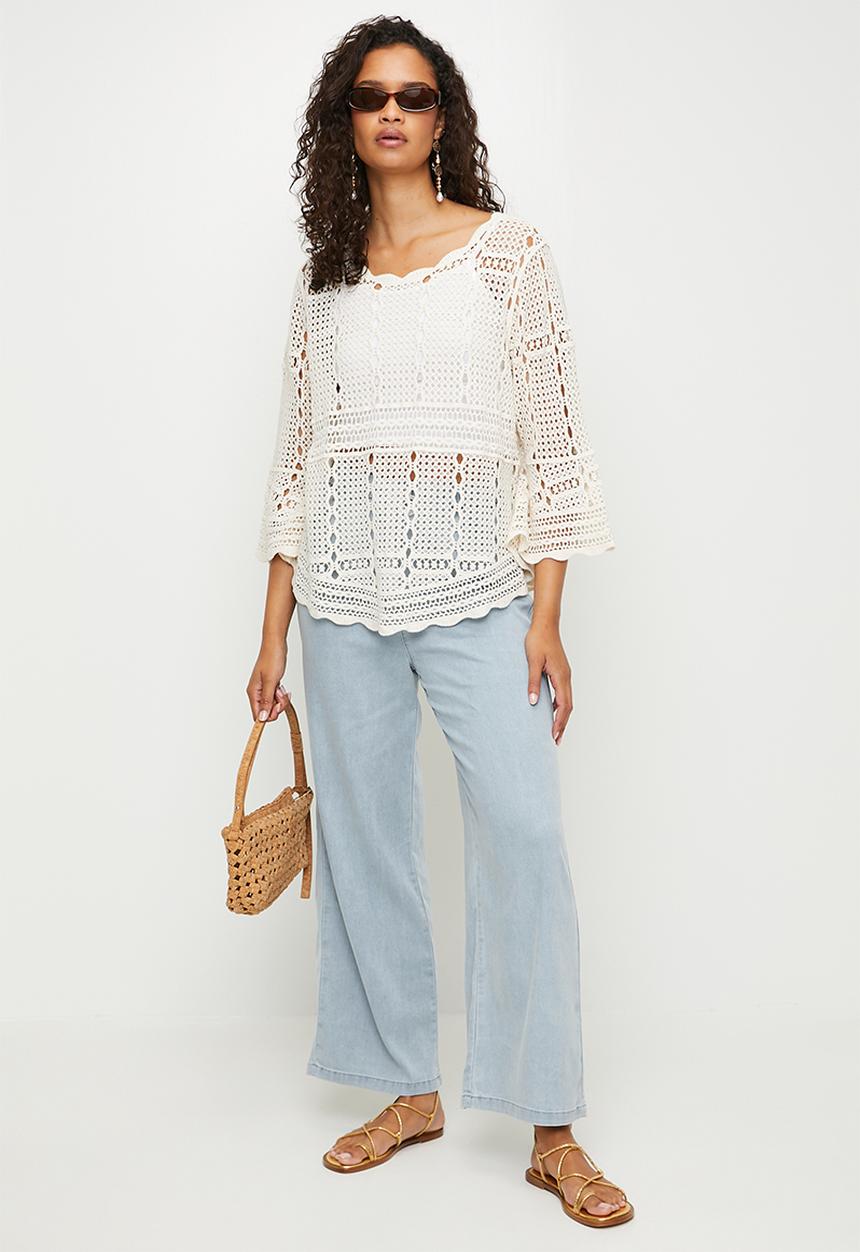 MANDI - High Waist Wide Leg Tencel Pant With Lace Drawcord - Light Wash