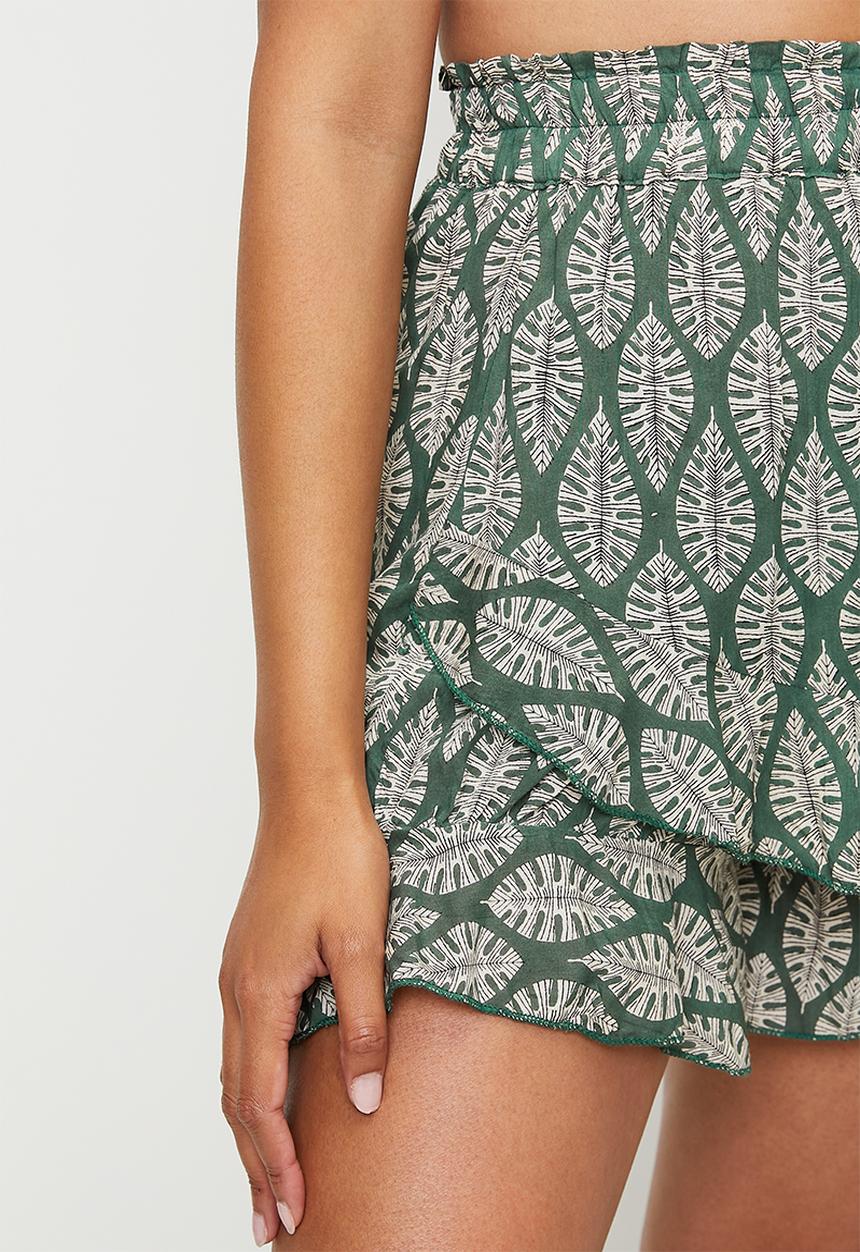 MANDI - Elasticated Waist Wrap Over Skort With Flutter Hem - Green