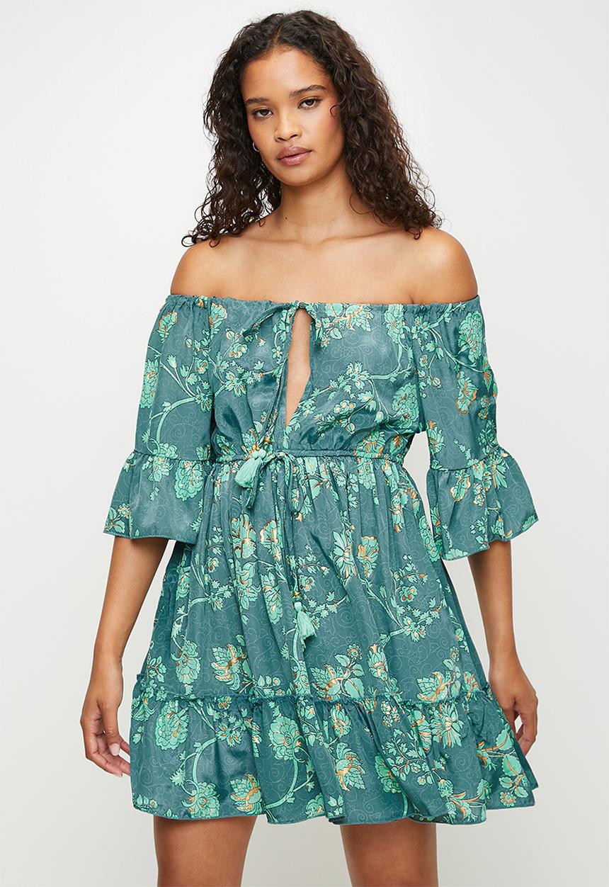MANDI - Half Flutter Sleevebardot Mini Dress With Tie - Mint
