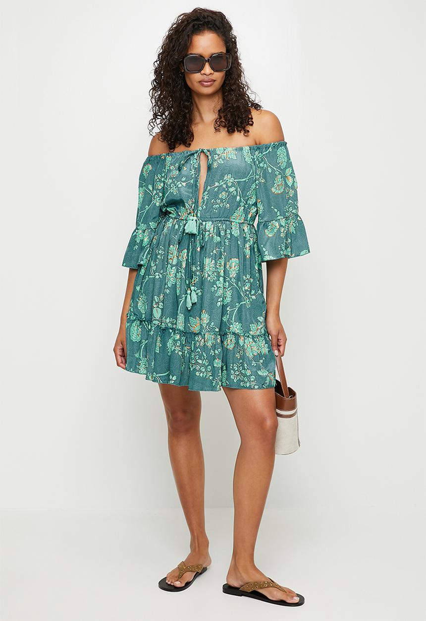 MANDI - Half Flutter Sleevebardot Mini Dress With Tie - Mint