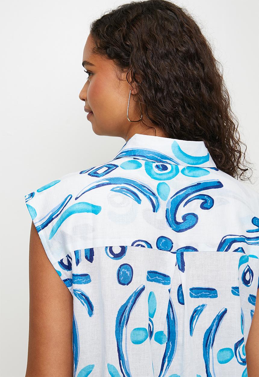 MANDI - Sleeveless Button Through Sheer Printed Blouse Longer Length - Blue