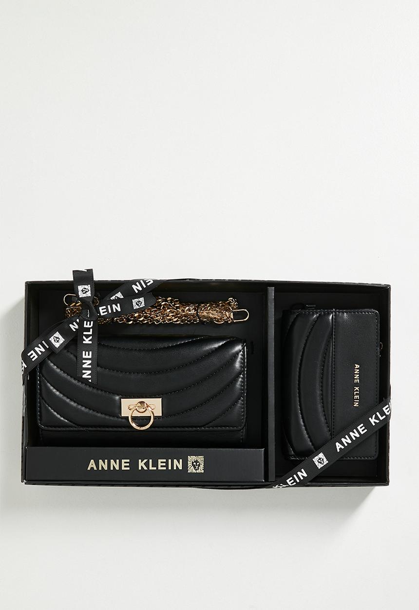 Anne Klein - 2 Pc Flap Crossbody And Bifold Wallet Gift Set Bag - Black Quilted