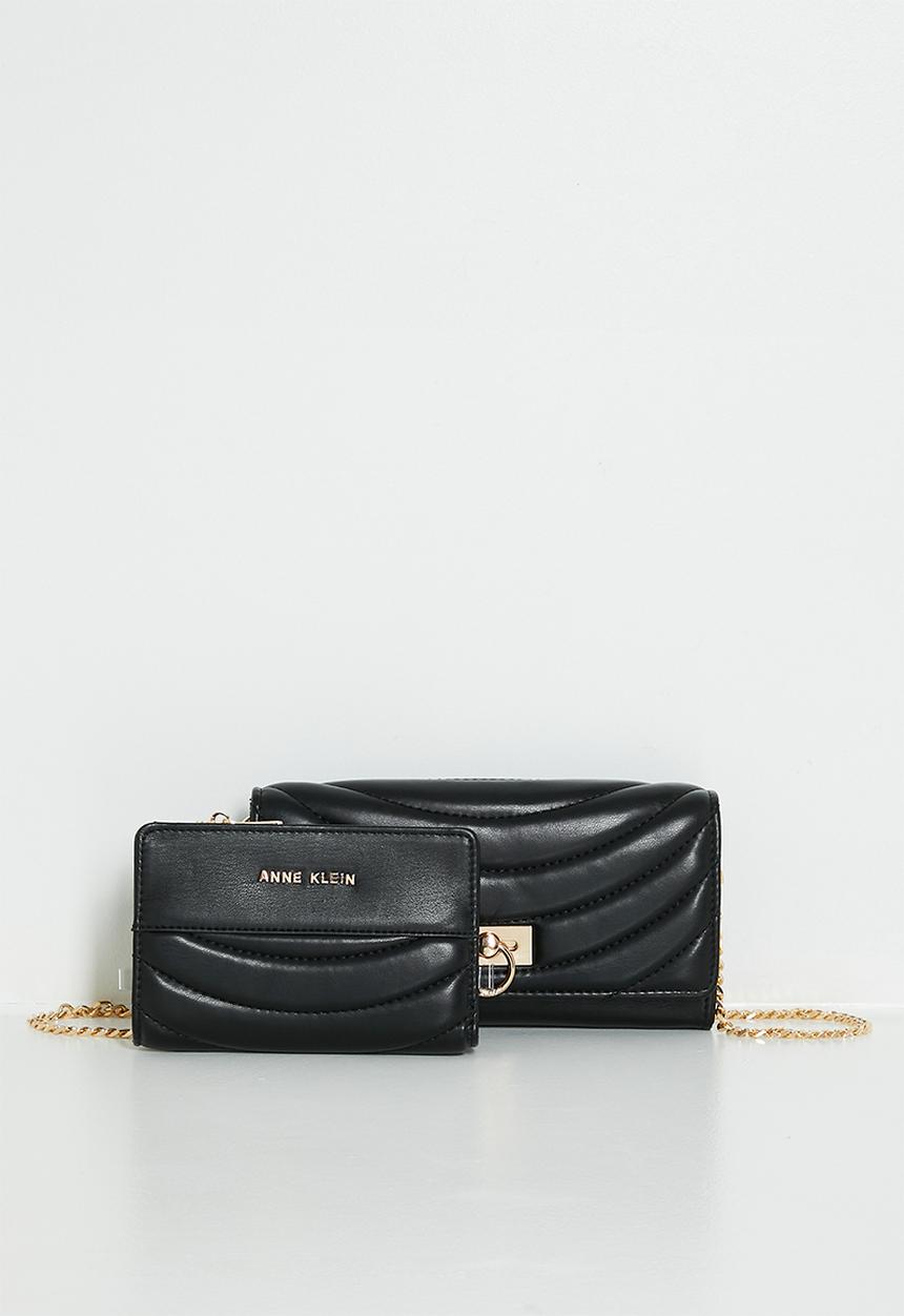 Anne Klein - 2 Pc Flap Crossbody And Bifold Wallet Gift Set Bag - Black Quilted