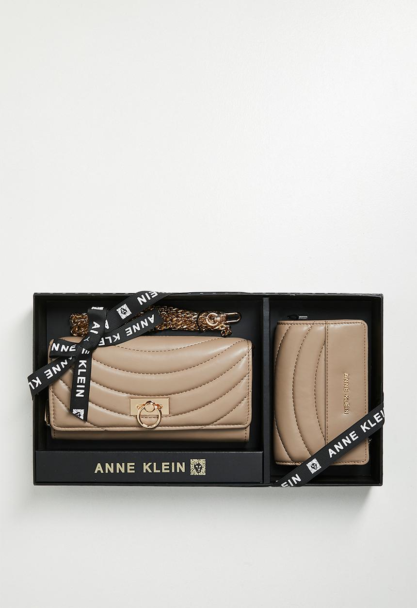 Anne Klein - 2 Pc Flap Crossbody And Bifold Wallet Gift Set Bag - Truffle Quilted