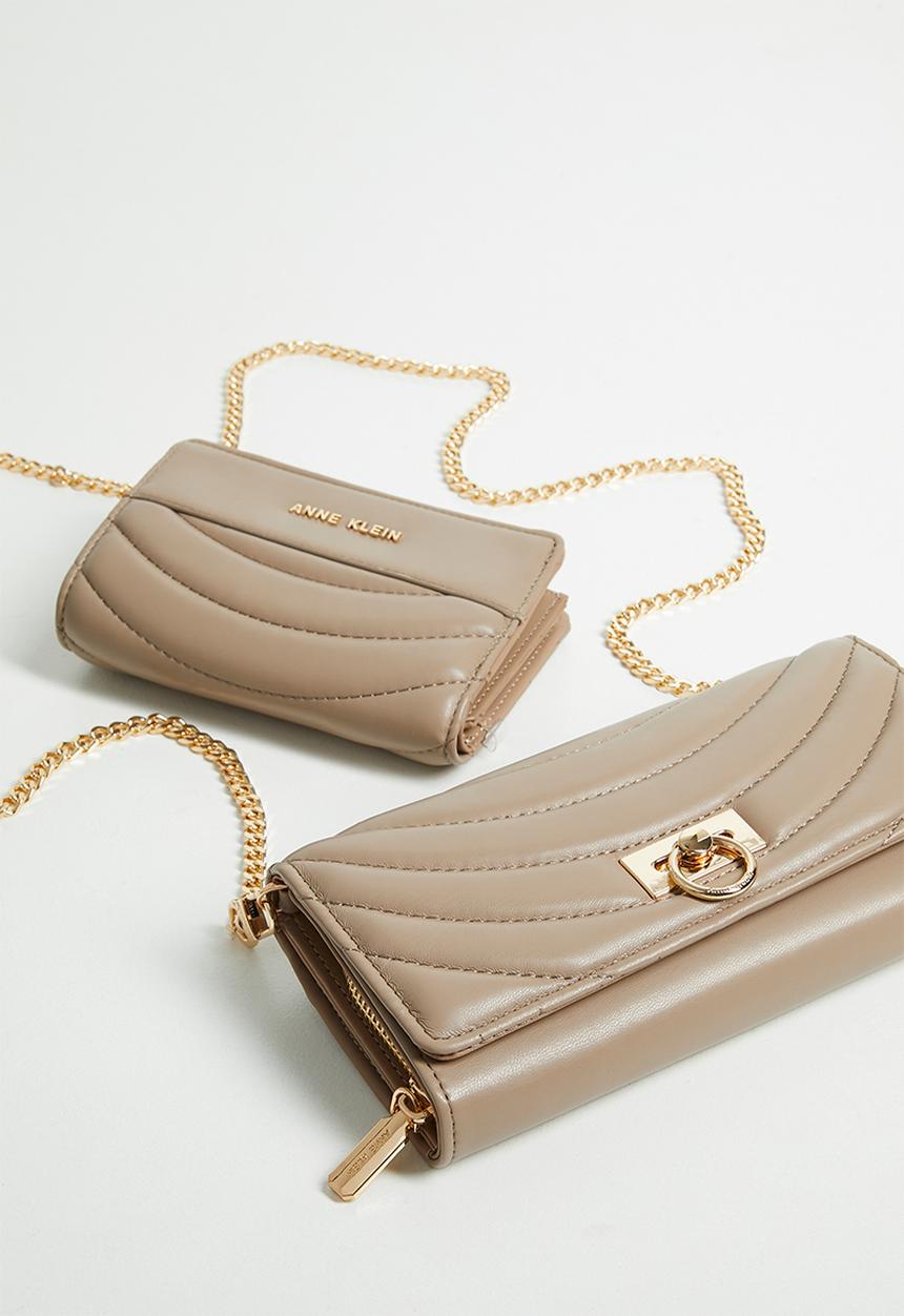 Anne Klein - 2 Pc Flap Crossbody And Bifold Wallet Gift Set Bag - Truffle Quilted
