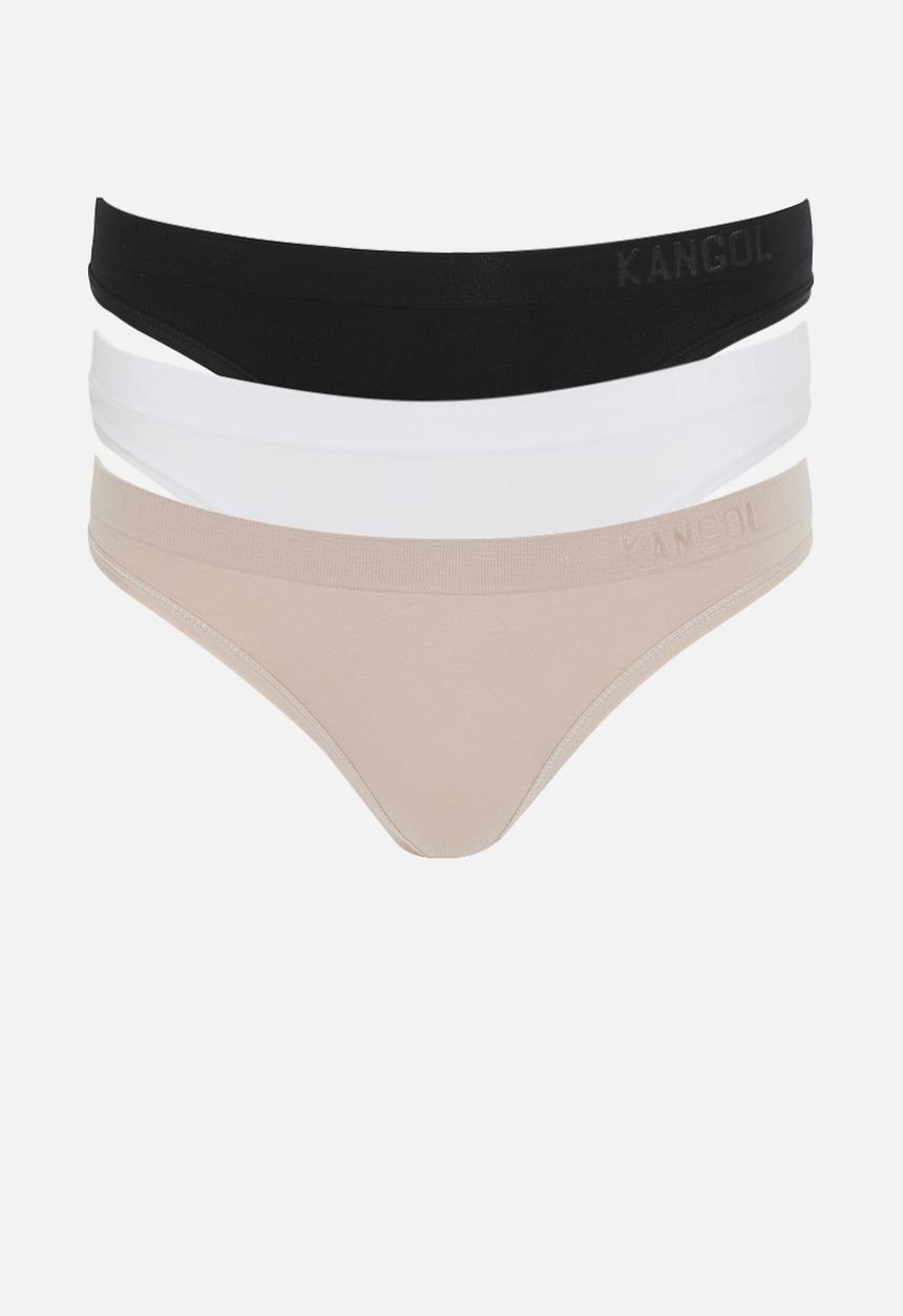 KANGOL - 3pk kangol seamless thong with ss branded w/b print - black/mocha/white