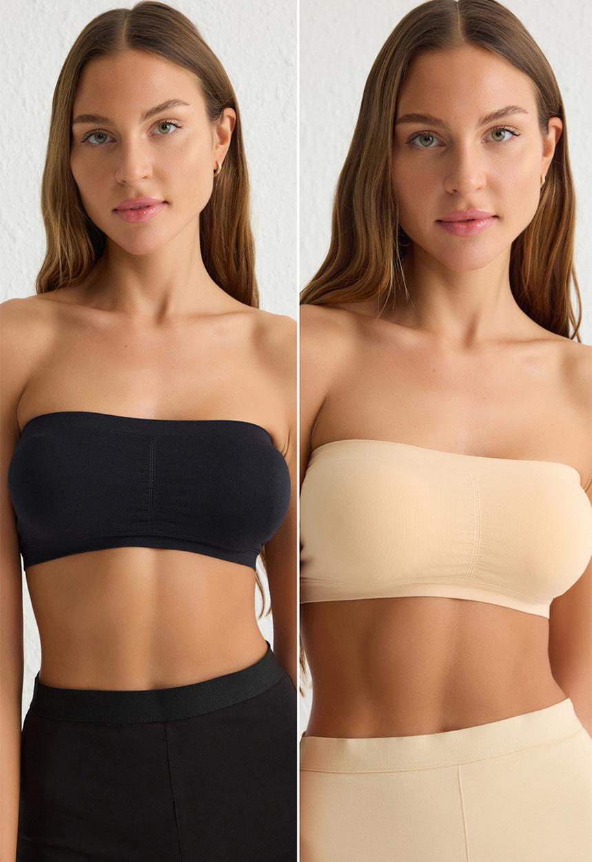 Trendyol - 2-piece seamless/seamless non-wired covered bandeau knitted bra - black