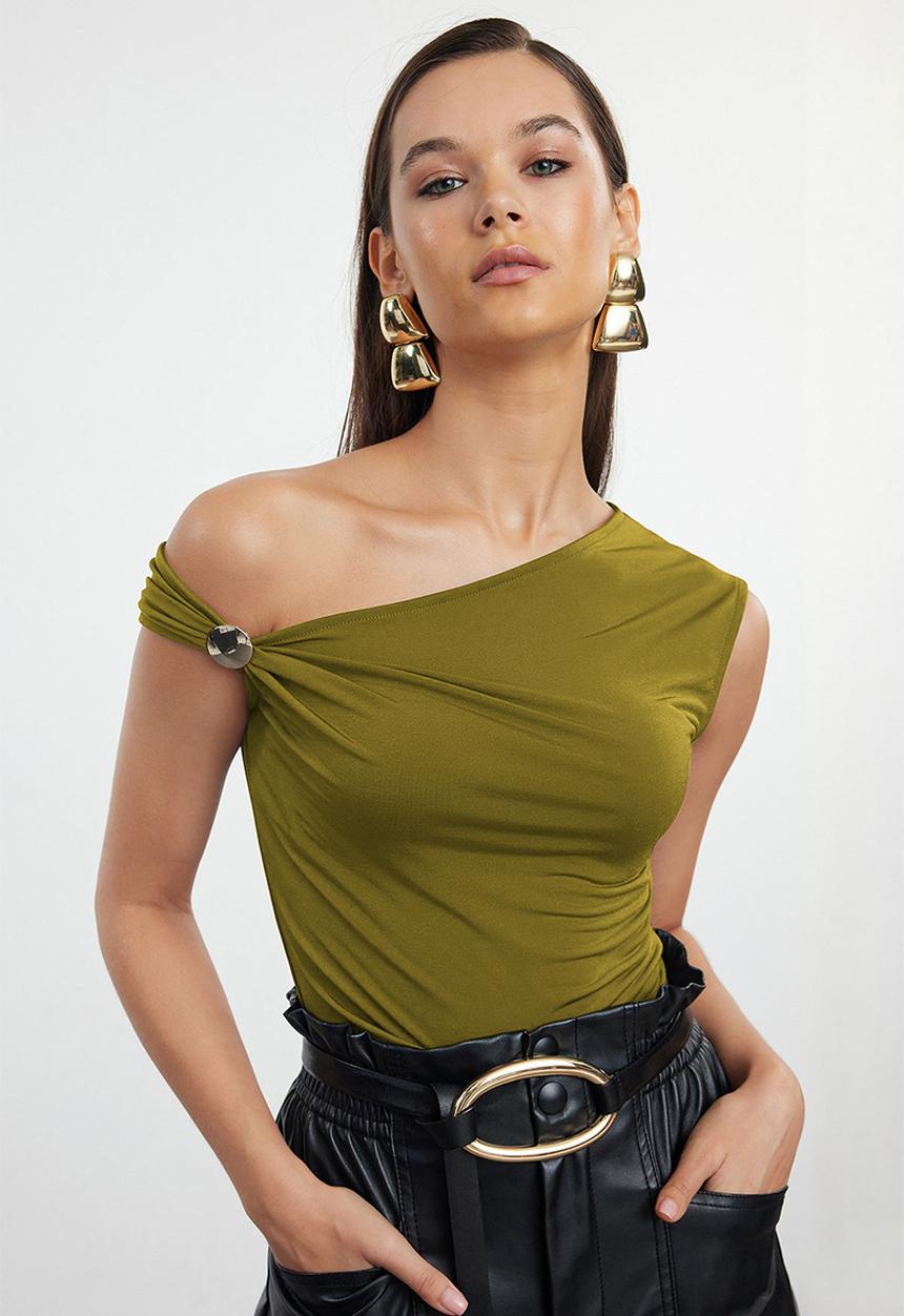 Trendyol - Green plain asymmetric neck sleeveless knitted sandy stylish/evening - oil green
