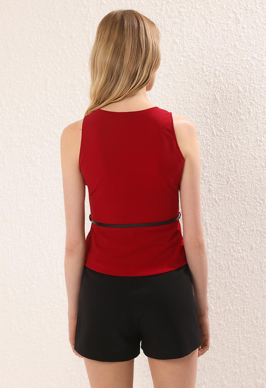 Trendyol - Belted fitted blouse - burgundy
