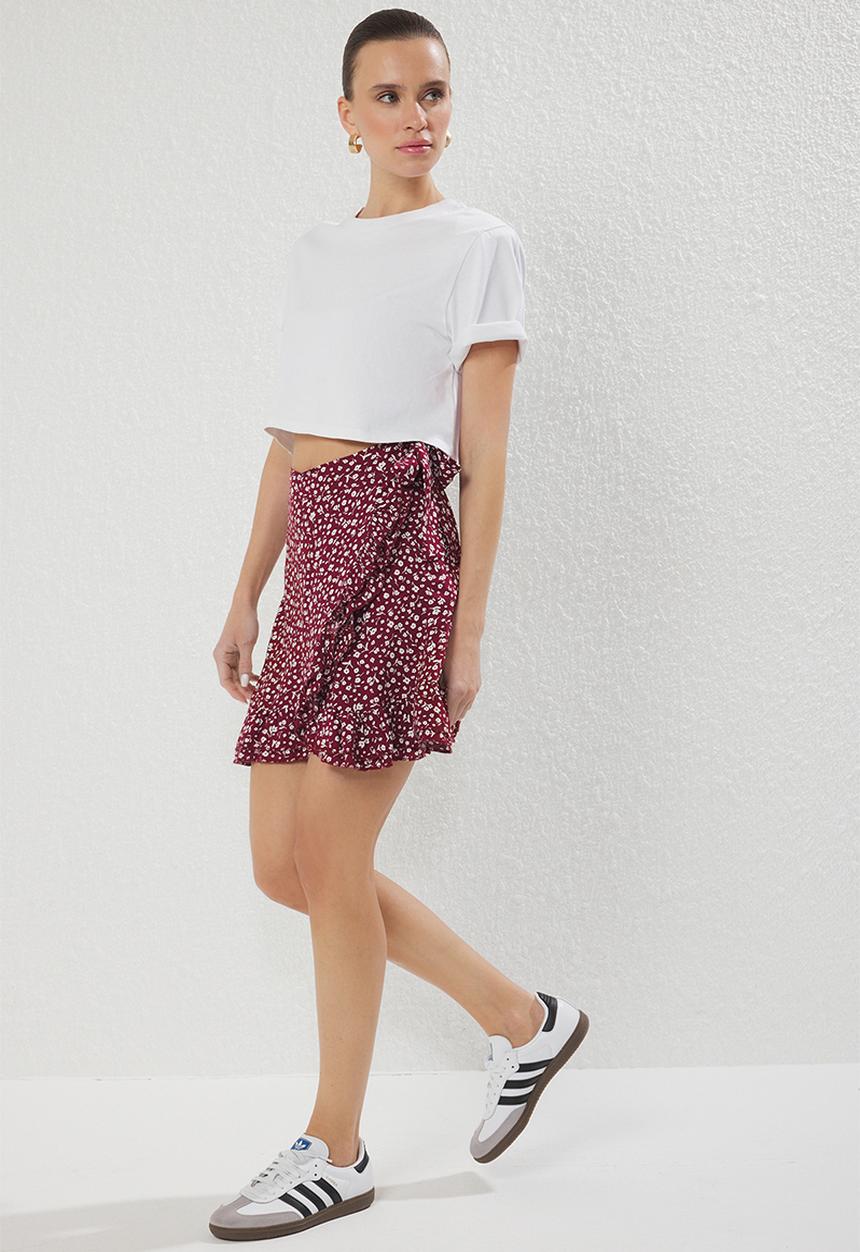 Trendyol - Floral Ruffle Viscose Summer Mini Skirt - burgundy