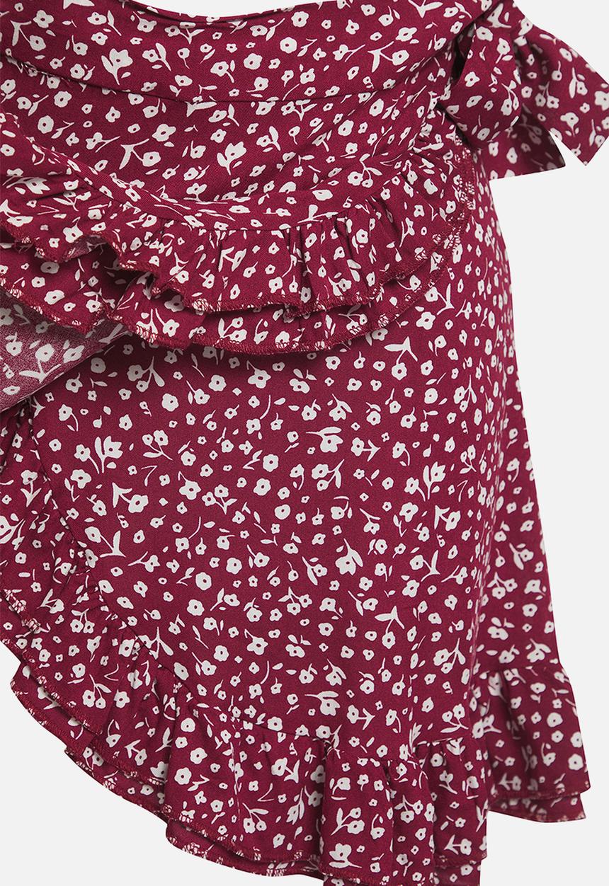 Trendyol - Floral Ruffle Viscose Summer Mini Skirt - burgundy