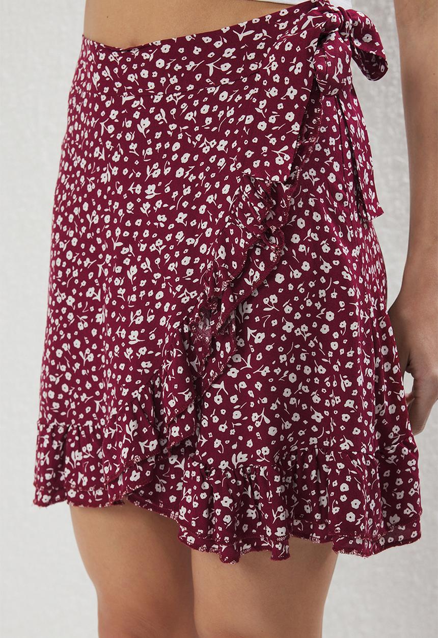 Trendyol - Floral Ruffle Viscose Summer Mini Skirt - burgundy