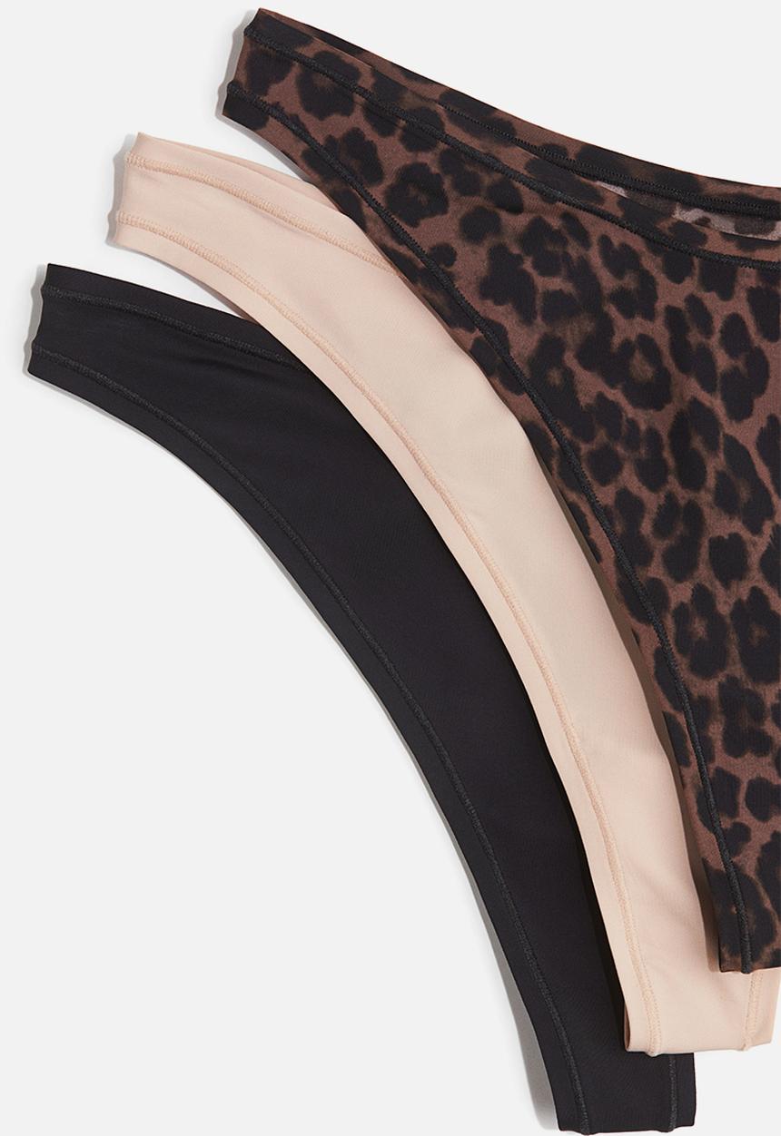 H&M - 3 pack microfibre thong briefs - dark brown leopard print