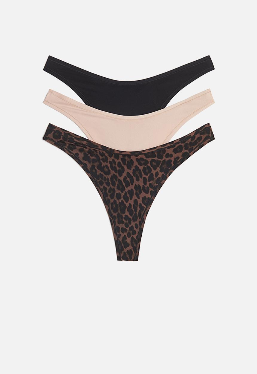 H&M - 3 pack microfibre thong briefs - dark brown leopard print