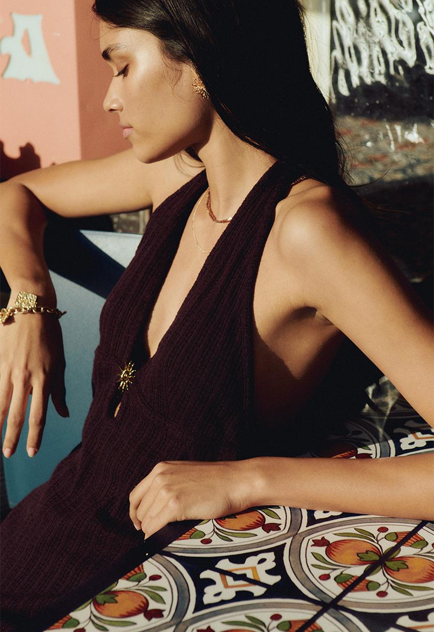 H&M - Embellished pointelle-knit dress - burgundy