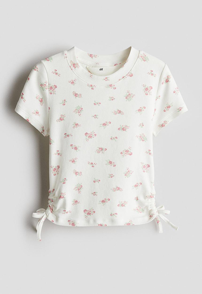 H&M - Drawstring-detail jersey top white/floral