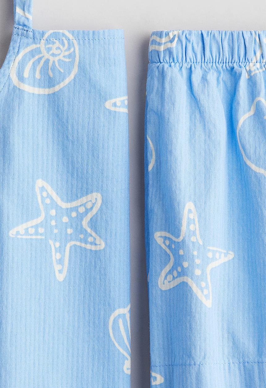 H&M - 2-piece cotton strappy top and shorts set - light blue/patterned 