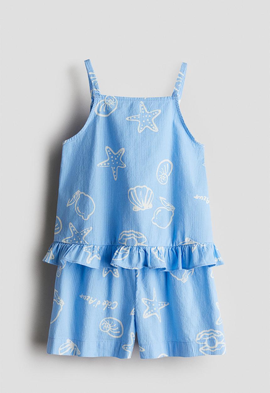 H&M - 2-piece cotton strappy top and shorts set - light blue/patterned 