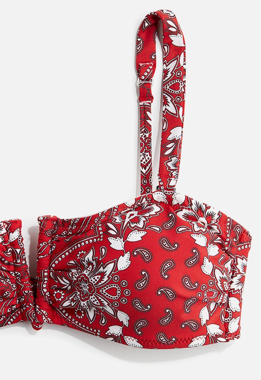 H&M - Padded bandeau bikini top - red & paisley-patterned