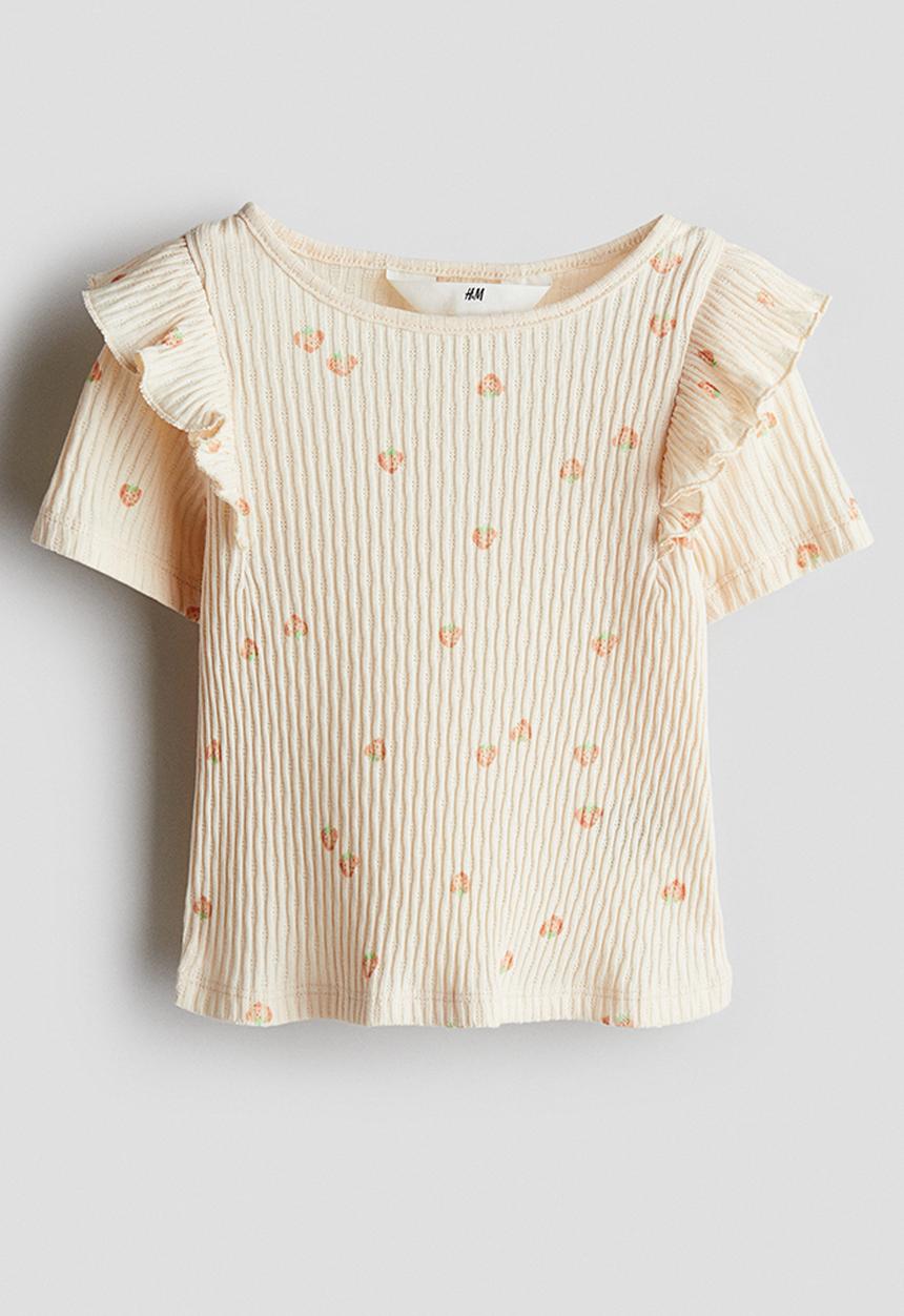 H&M - Flounce-trimmed cotton top - peach pink/strawberries