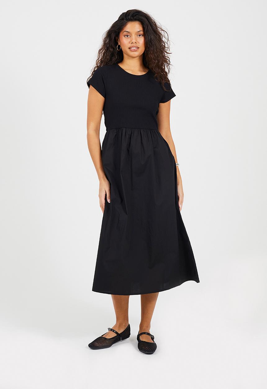 Ladies Midi Ribbed Jersey And Poplin Mix Dress - Black 1