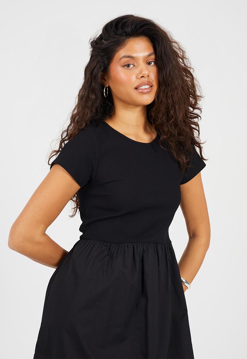 Ladies Midi Ribbed Jersey And Poplin Mix Dress - Black 1