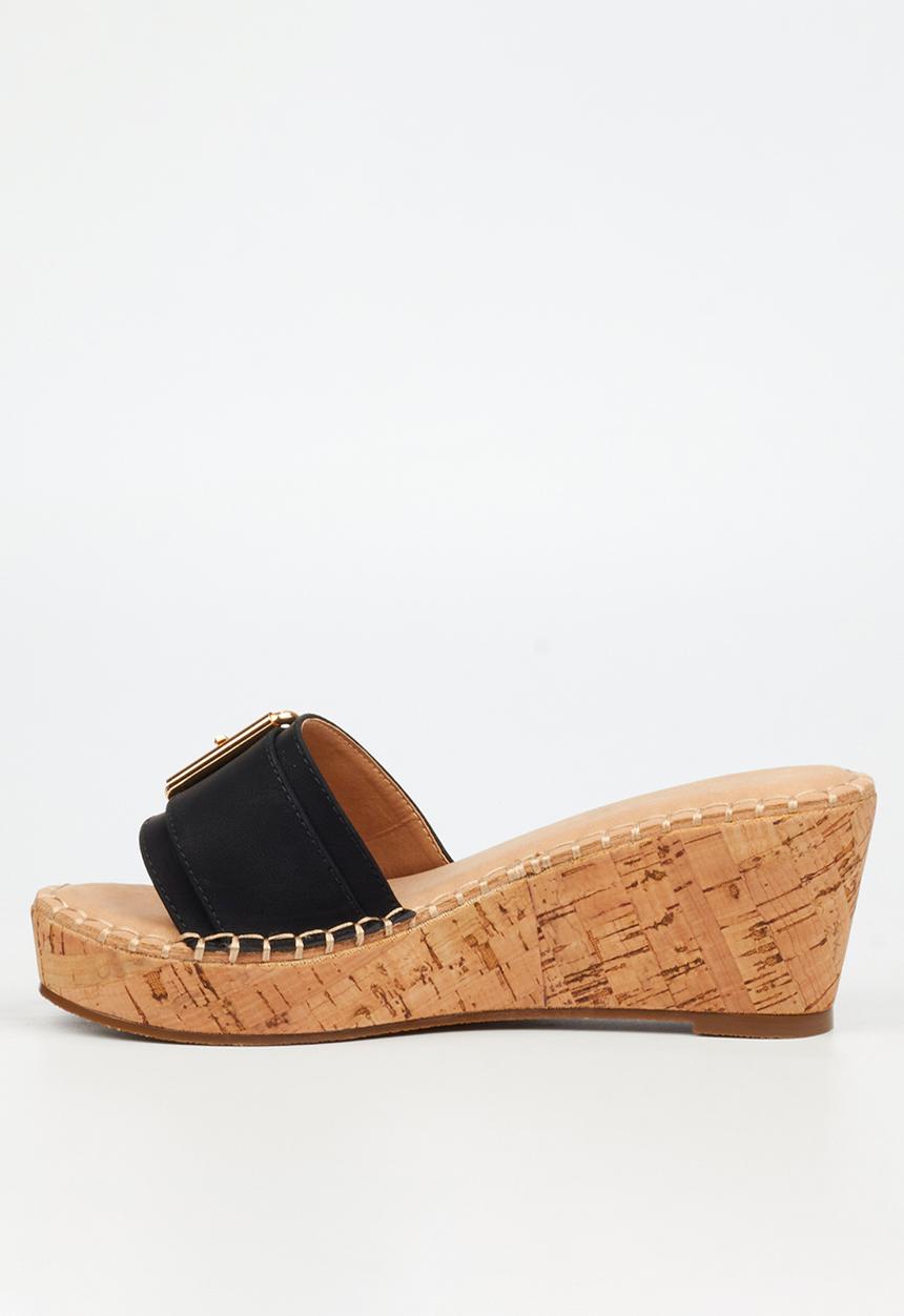 Miss Black - JAYDA 6 Buckle Mule Cork Wedge  - Black