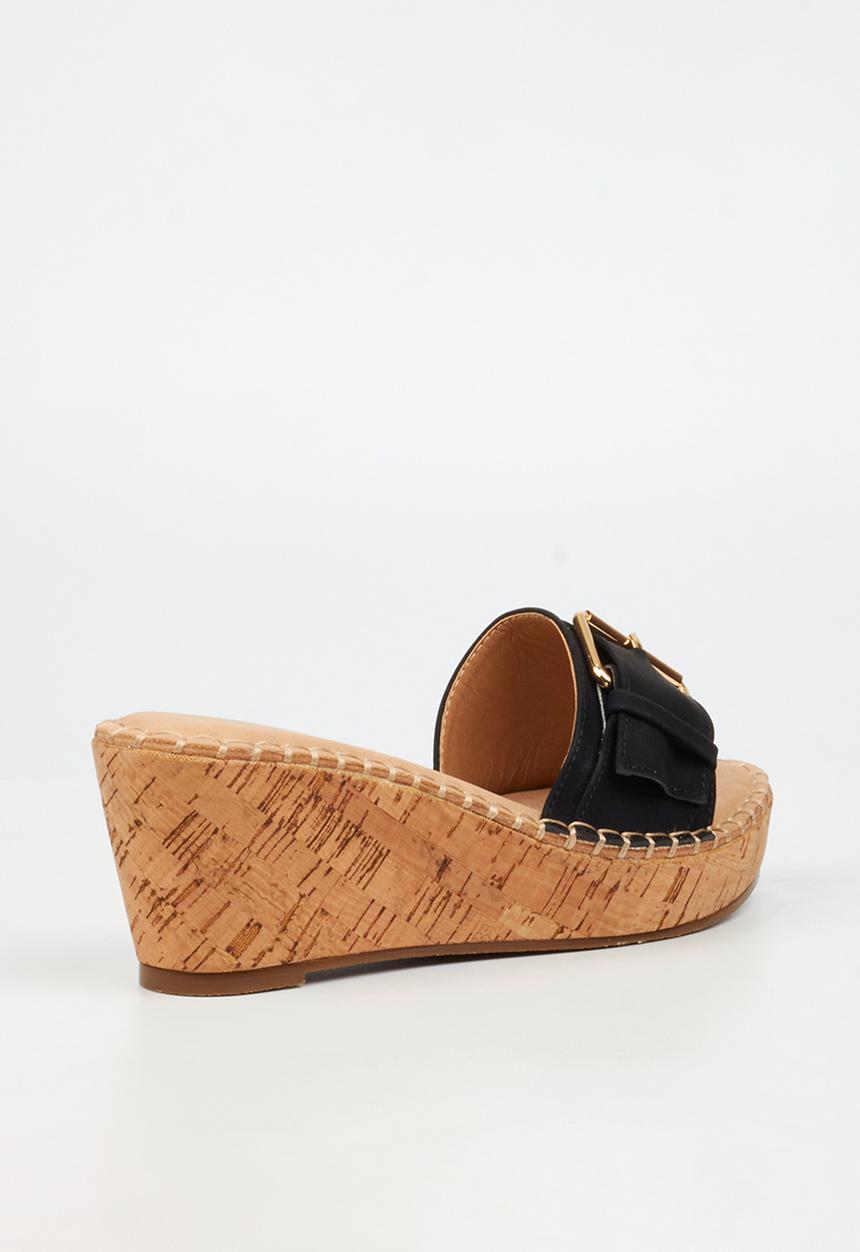 Miss Black - JAYDA 6 Buckle Mule Cork Wedge  - Black