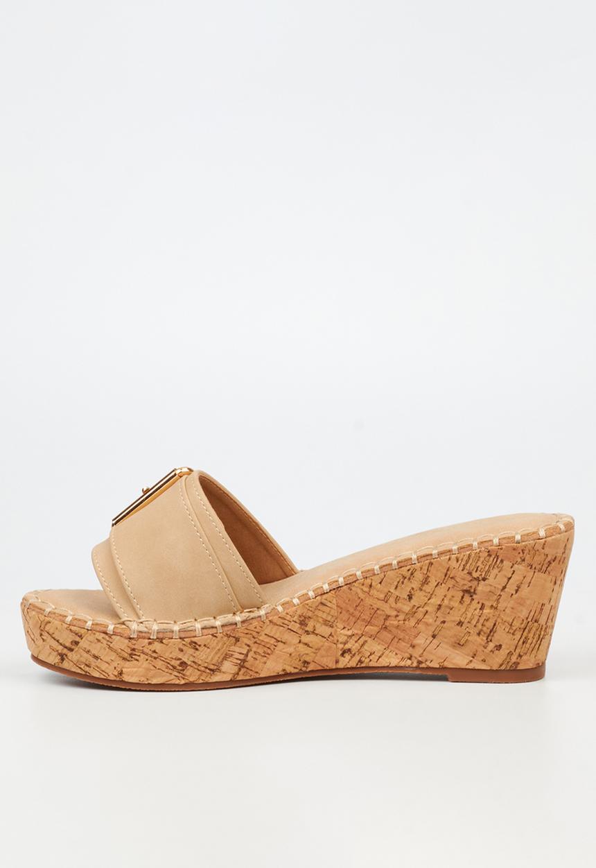 Miss Black - JAYDA 6 Buckle Mule Cork Wedge  - Neutral 