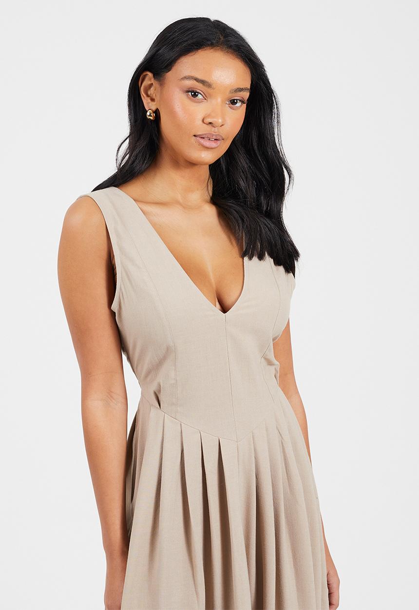 Brave Soul - Ladies V Neck Midi Dress - Beige