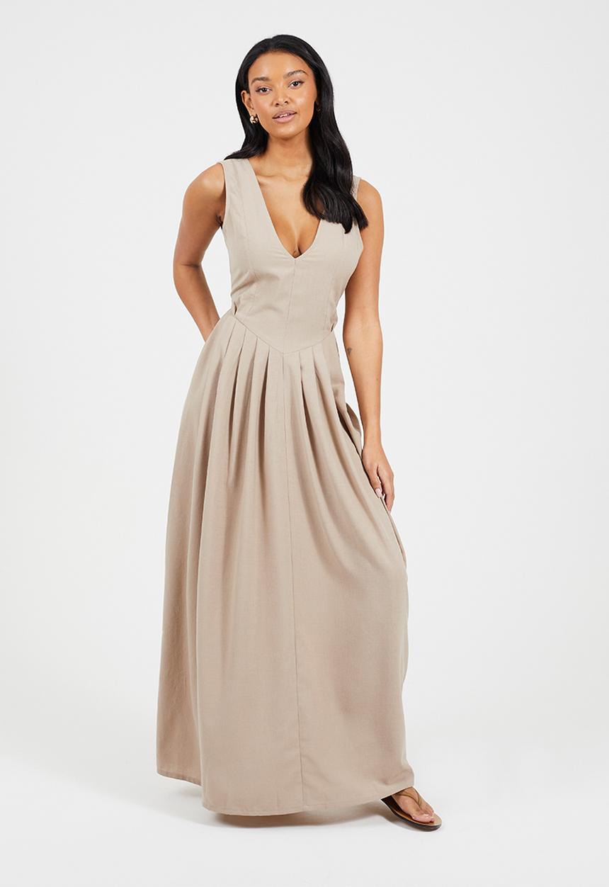 Brave Soul - Ladies V Neck Midi Dress - Beige