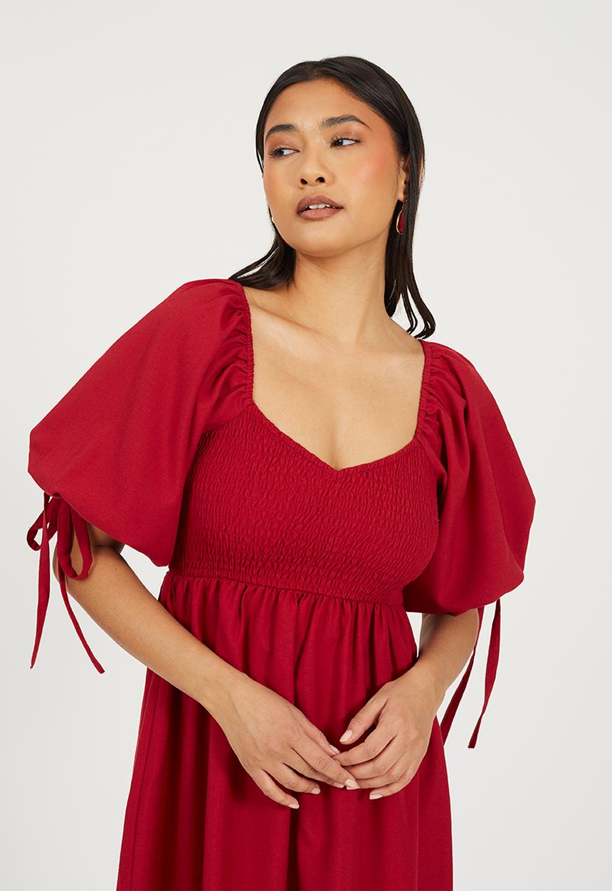 Brave Soul - Ladies Smocked Tiered Midi Dress With Puff Sleeve - Red