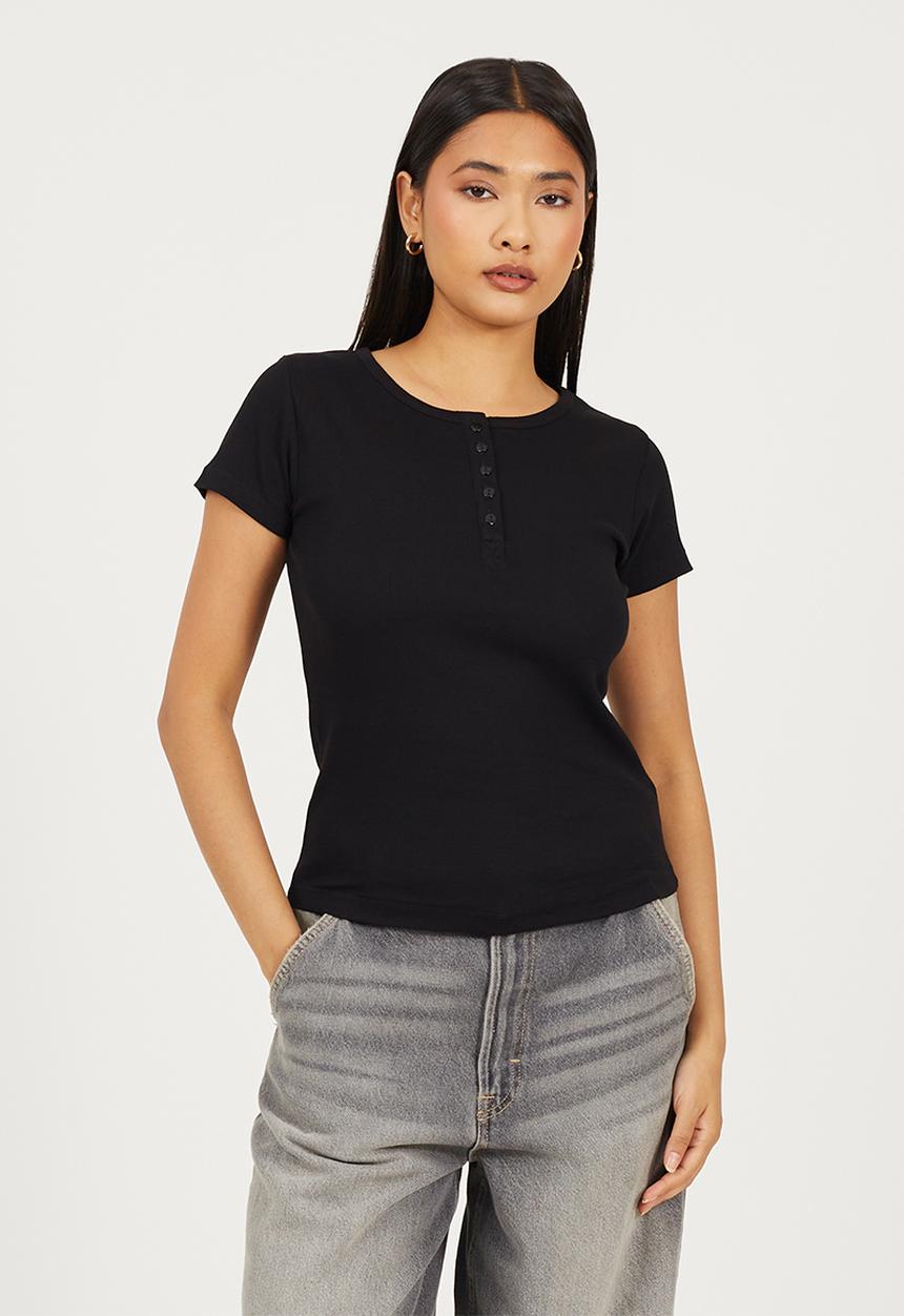 Brave Soul - Ladies Short Sleeve Quarter Button Top - Black