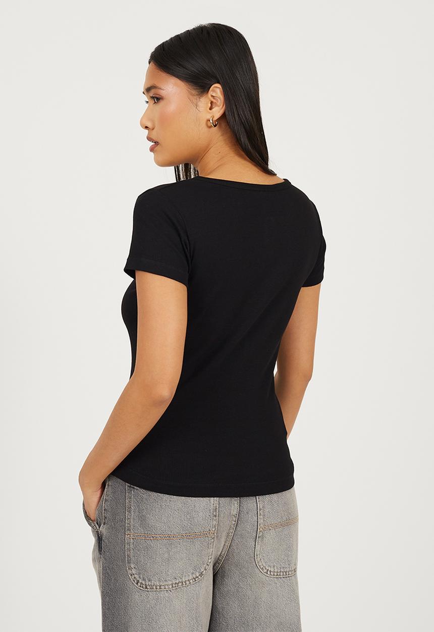 Brave Soul - Ladies Short Sleeve Quarter Button Top - Black