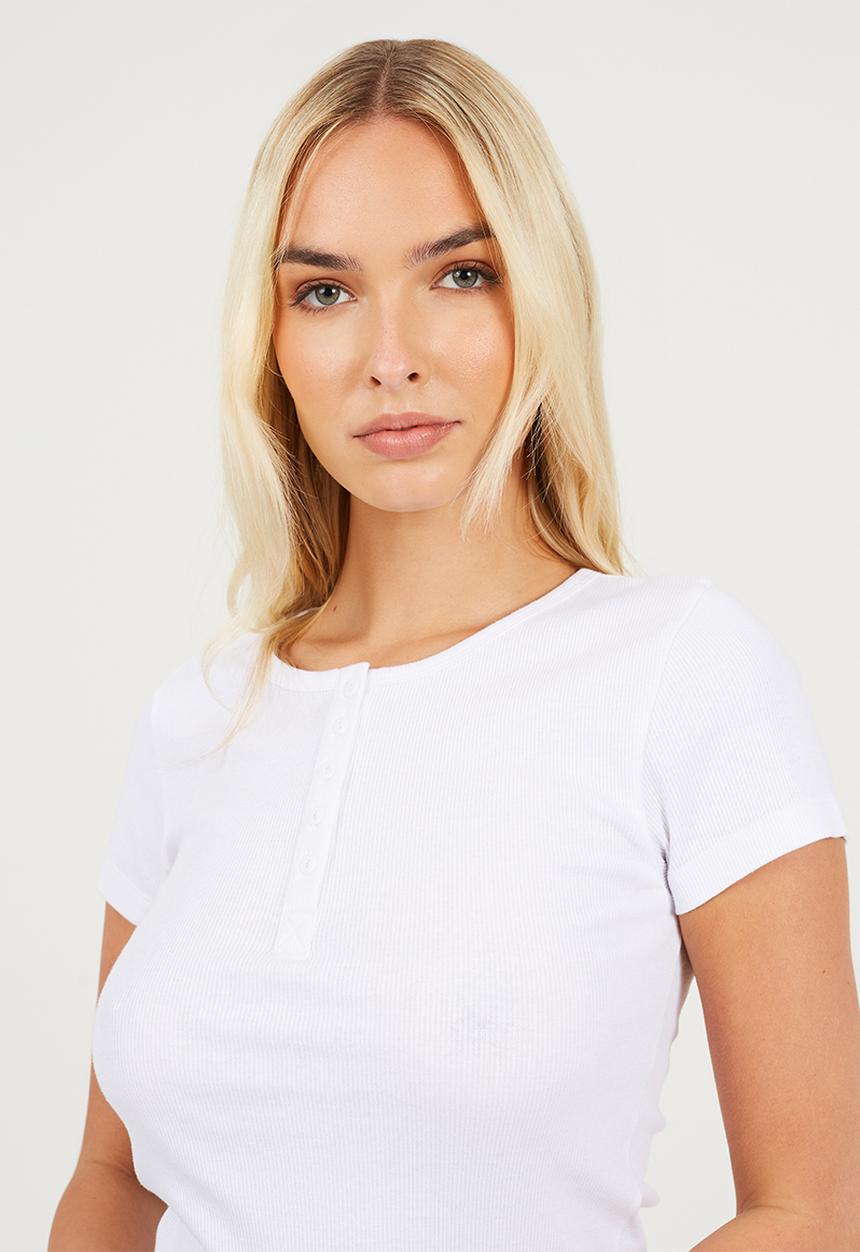 Brave Soul - Ladies Short Sleeve Quarter Button Top - White