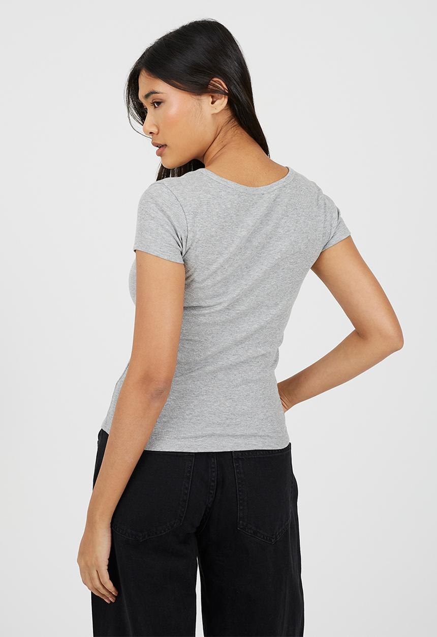Brave Soul - Ladies Short Sleeve Quarter Button Top - Grey Marl