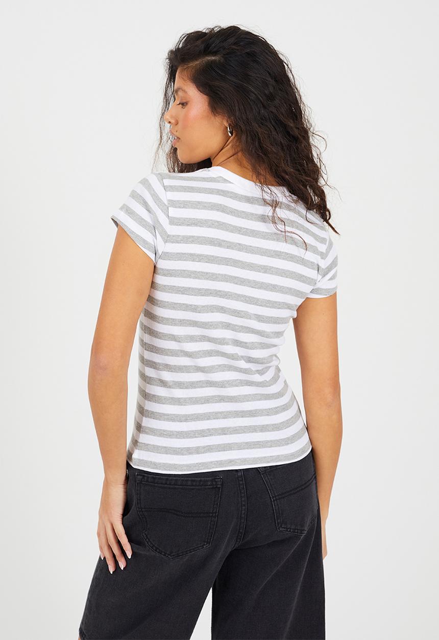 Brave Soul - Ladies Crew Neck Stripe Rib T-Shirt - Grey Marl/ White