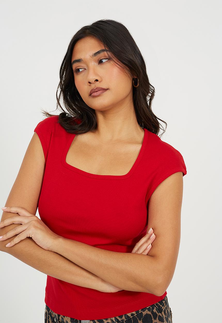 Brave Soul - Ladies Square Neck Short Sleeve T-Shirt - Red