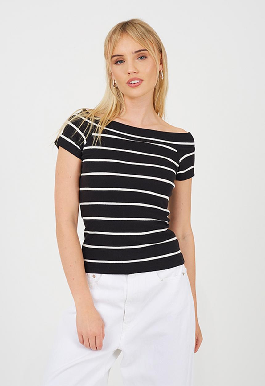 Brave Soul - Ladies Scoop Neck Short Sleeve Striped Top - Black/White