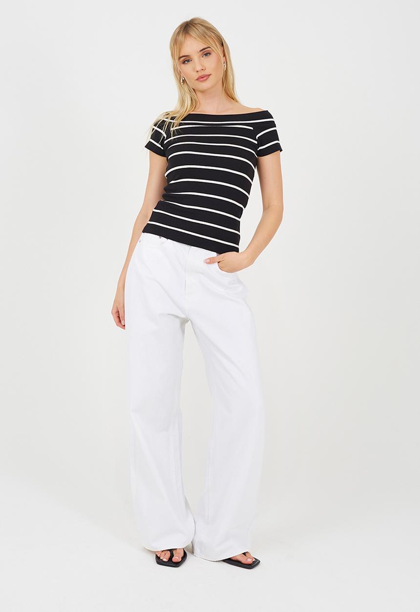 Brave Soul - Ladies Scoop Neck Short Sleeve Striped Top - Black/White