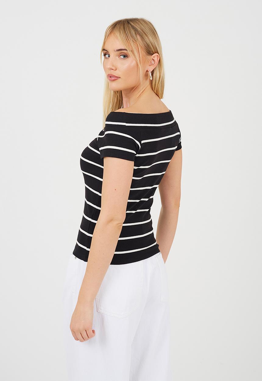 Brave Soul - Ladies Scoop Neck Short Sleeve Striped Top - Black/White