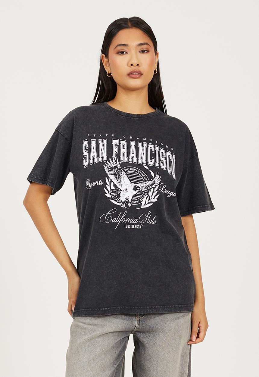 Brave Soul - Ladies Acid Wash Oversized 'San Francisco' Graphic Tee - Black Acid Wash