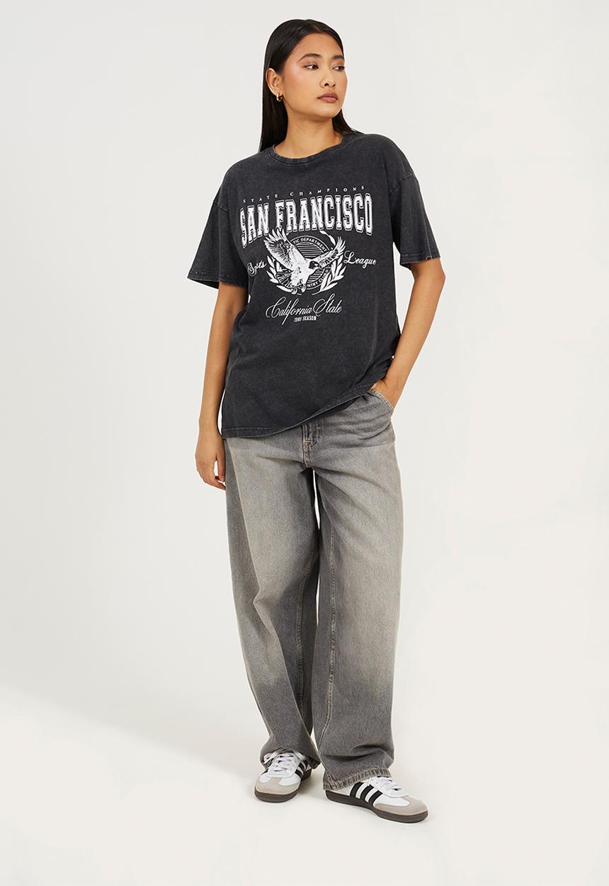 Brave Soul - Ladies Acid Wash Oversized 'San Francisco' Graphic Tee - Black Acid Wash