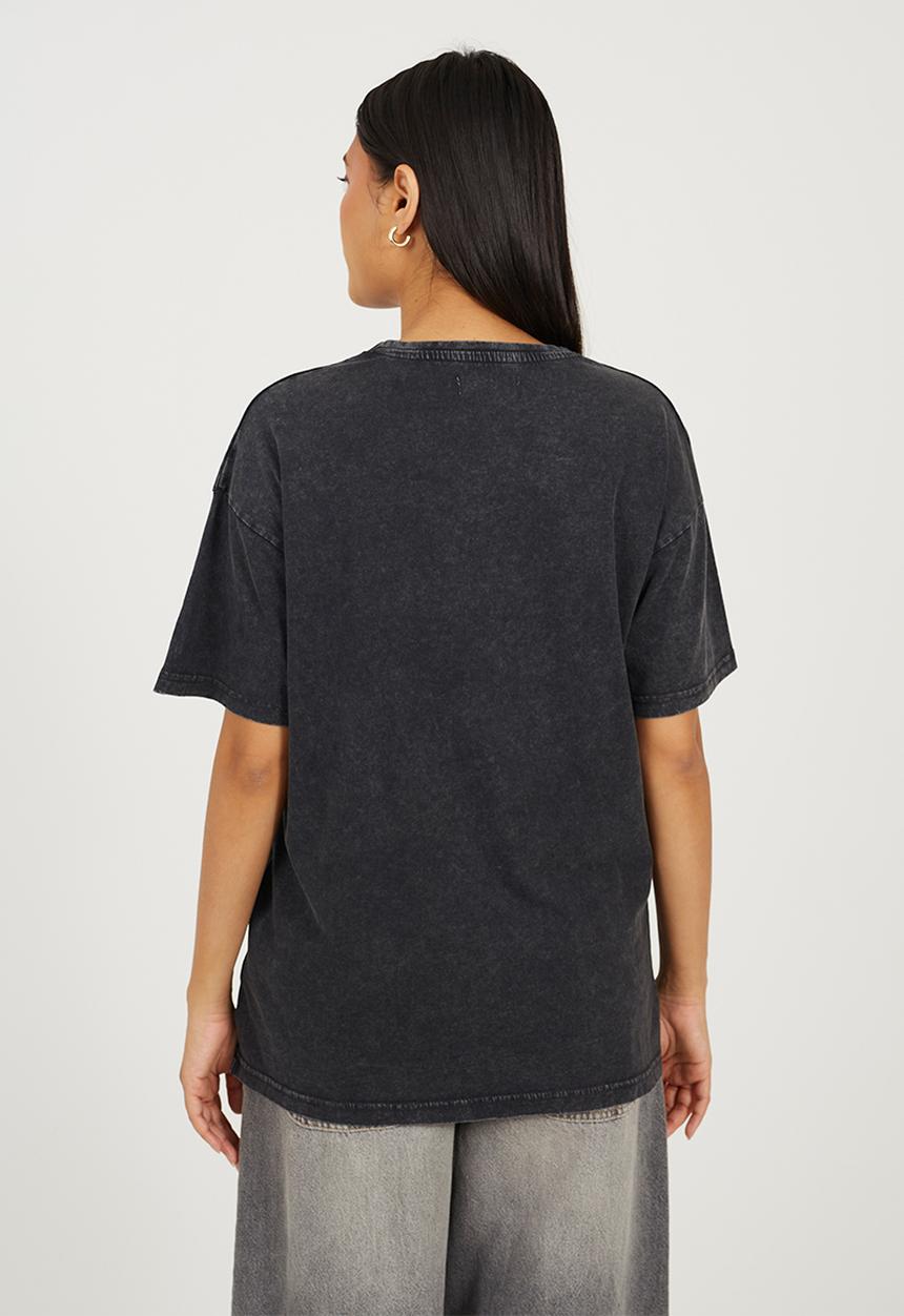 Brave Soul - Ladies Acid Wash Oversized 'San Francisco' Graphic Tee - Black Acid Wash