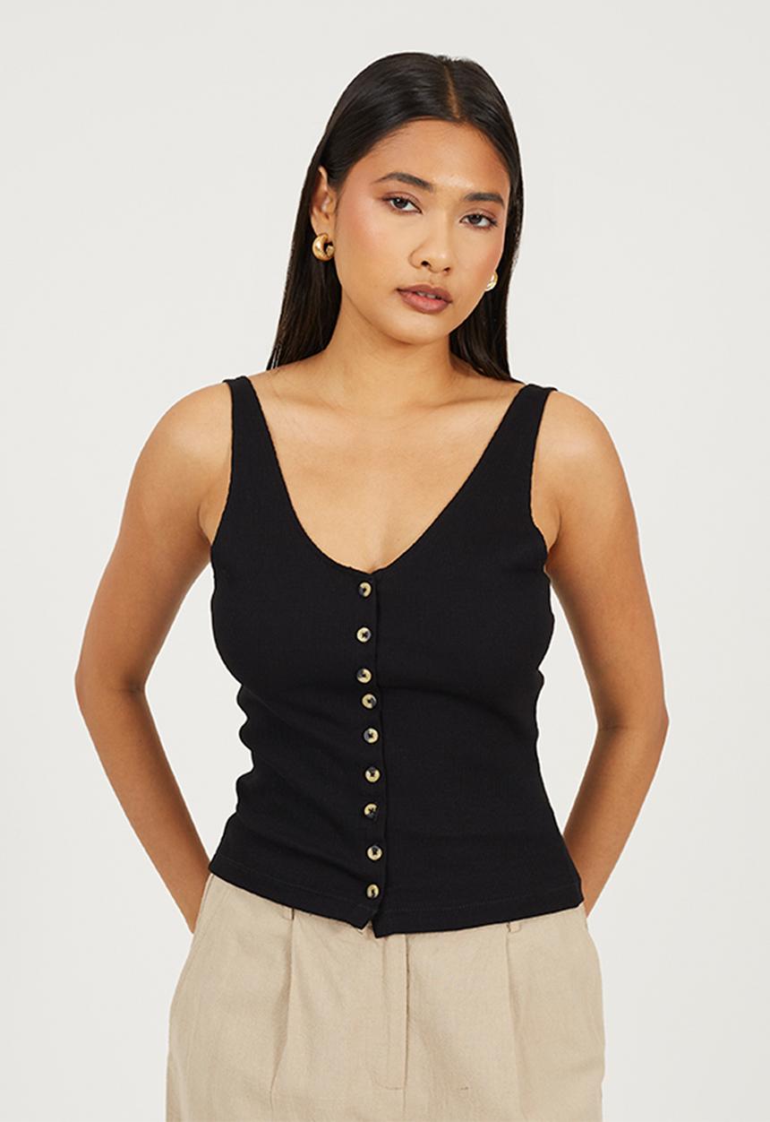 Brave Soul - Ladies Button Down Ribbed Vest - Black