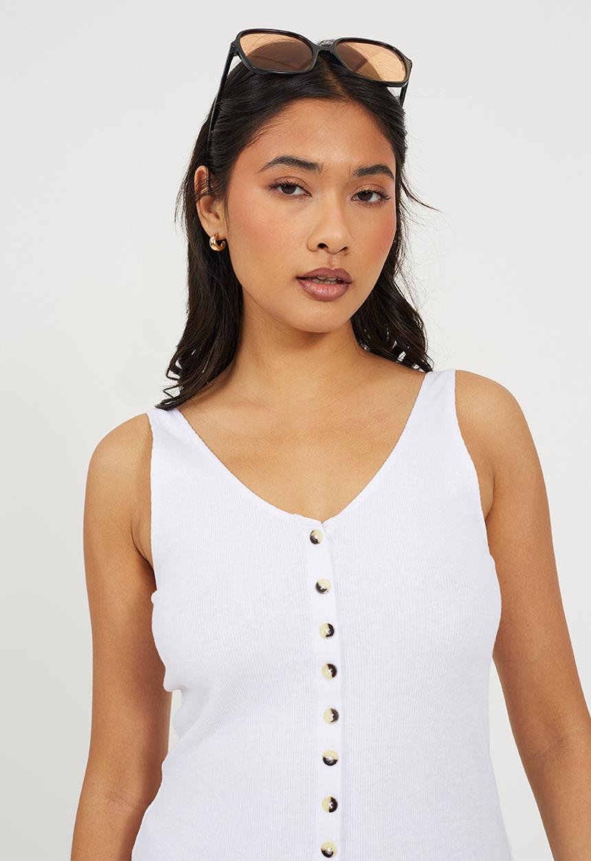 Brave Soul - Ladies Button Down Ribbed Vest - White