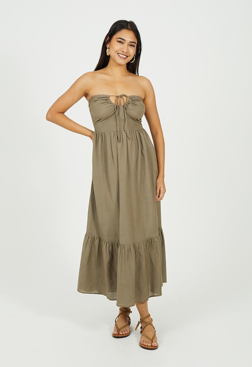 Brave Soul - Ladies Halter Neck Midi Tiered Dress - Khaki 